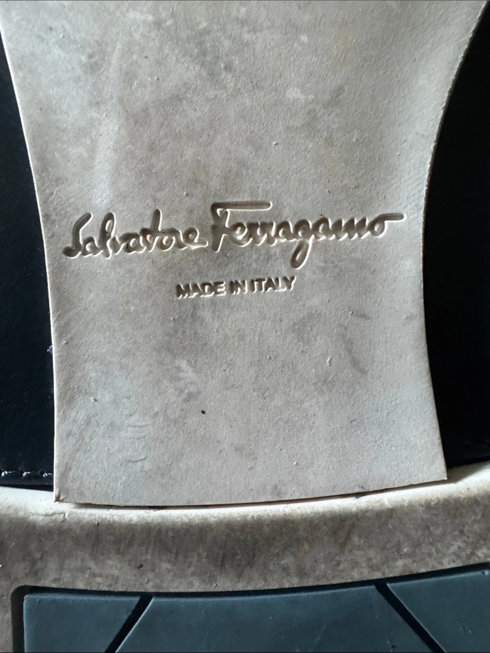 Salvatore Ferragamo Beige and Navy Leather, Rubber Sole Detail